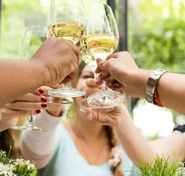 Diners toasting with wine glasses