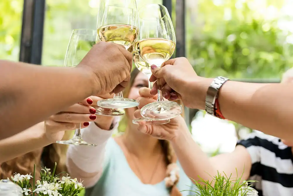 Diners toasting with wine glasses